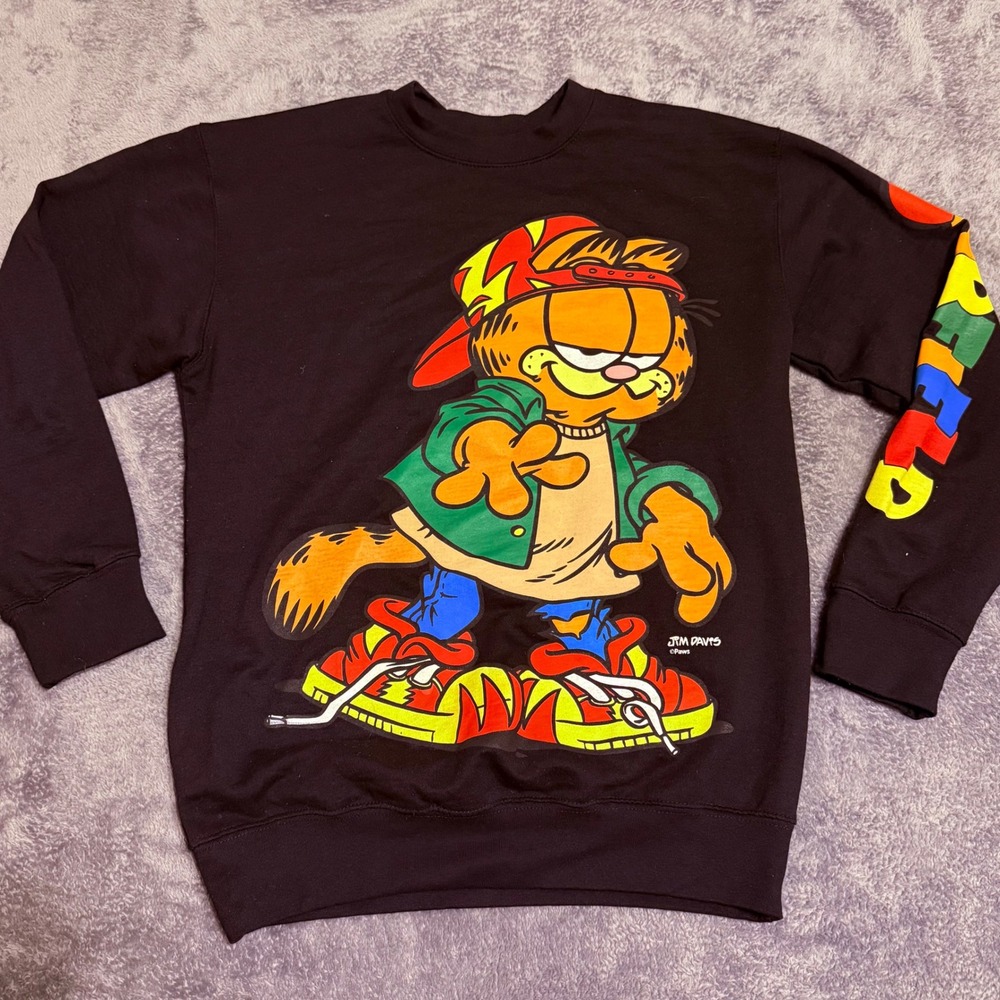 Garfield Cartoon Crewneck Sweatshirt Mens Small Black Graphic Printβ Pullover